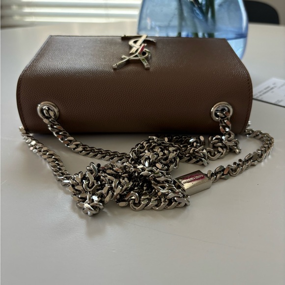YSL Small Kate Leather Chain Flap Bag Grained Crossbody Taupe Brown Fleur - Picture 9 of 10